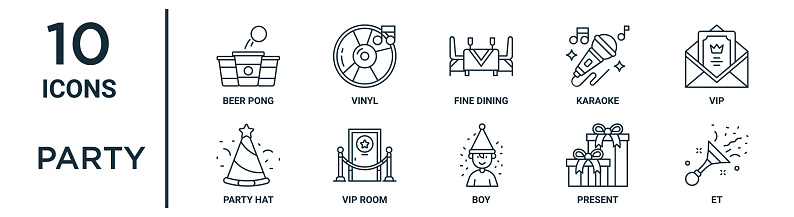 party outline icon set includes thin line beer pong, fine dining, vip, vip room, present, et, party hat icons for report, presentation, diagram, web design
