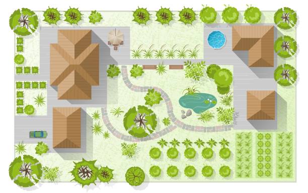 Mobile Landscape design plan with house, courtyard, lawn and garage top view. Highly detailed plan of country with modern cottage, garden, pond, pool. Vector illustration of Cityscape, Map of town, village floor plan illustrations stock illustrations