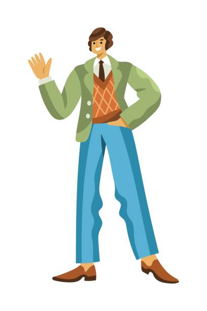 wesoły mężczyzna w retro ubrania z lat 1960. lub 1970. chodzące i machające ręką - blazer jacket suit fashion flats stock illustrations