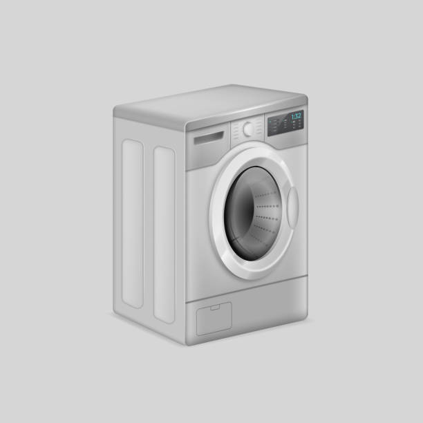 istock Realistic modern steel washing machine angle view. Template washer, household appliance for laundry 1423209181