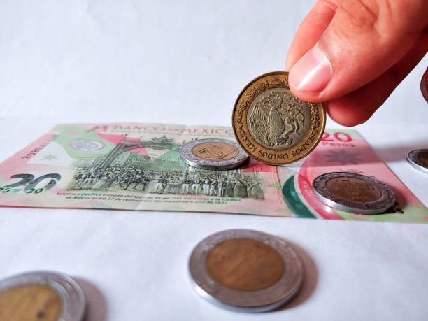 мексиканские деньги держат монету пальцами, организуя финансы, экономя деньги, вкладывая деньги - human hand beak currency stack стоковые фото и изображения