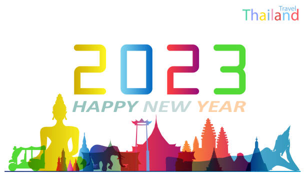 ilustrações de stock, clip art, desenhos animados e ícones de happy new year 2023 text design.gradient landmark travel thailand.banner. vector. illustration. - reveillon influencers