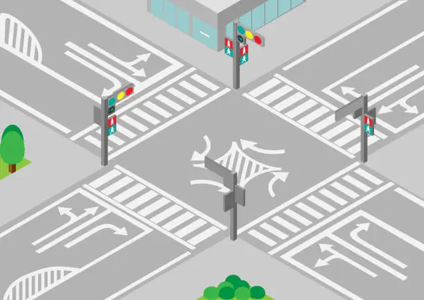 Vector illustration of Intersection with isometric right turn lane