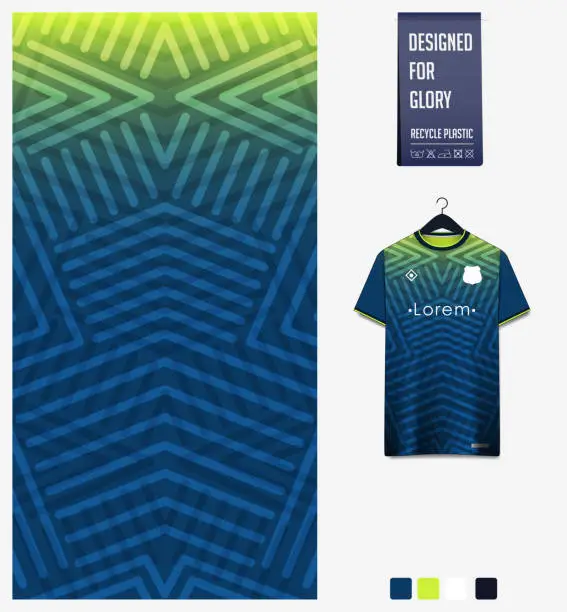 Vector illustration of Soccer jersey pattern design. Ethnic pattern on blue background for soccer kit, football kit, sports uniform. T shirt mockup template. Fabric pattern. Abstract background.