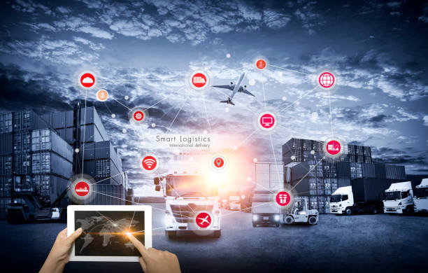 istock Smart Global Logistics international delivery concept, World map with logistic network distribution on background for Concept of fast or instant shipping, Online goods orders worldwide 1423227262