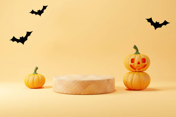 istock Halloween background with wooden podium for product display. 1423228604