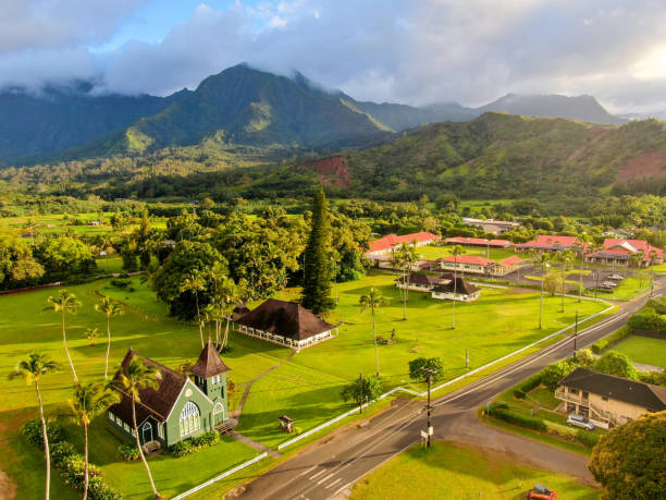 Hanalei, Hawaii A church located in Hanalei, on the north shore of the Hawaiian Island of Kauai hanalei bay stock pictures, royalty-free photos & images