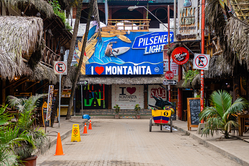 montañita, ecuador. 8th september, 2022: street view of montañita coastal town, ecuador