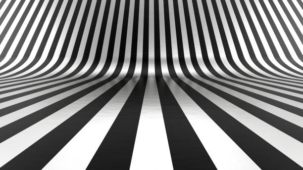 istock Striped curved studio background. Metallic black and white background. 3D rendered image. 1423231880