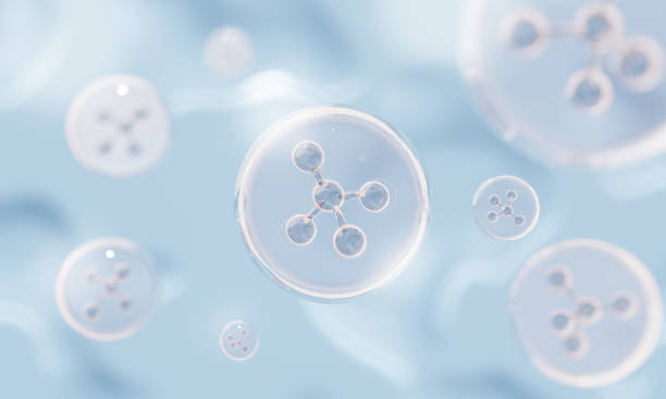 istock Closeup of molecule atoms structures inside vitamin bubbles on blue liquid serum background. Cosmetics skincare or human skin treatment and solution. 3d illustration rendering 1423235339