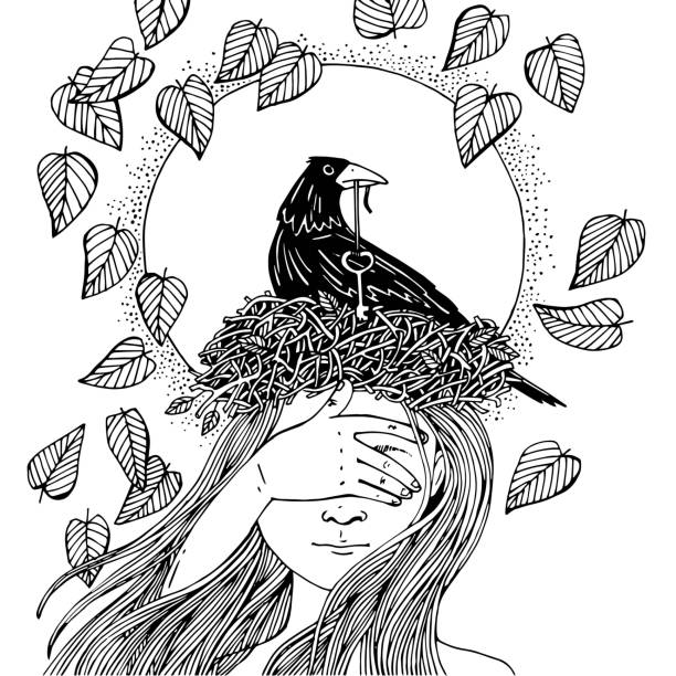 istock graphic illustration of a black raven with a key in its beak sitting on a man's head 1423238707