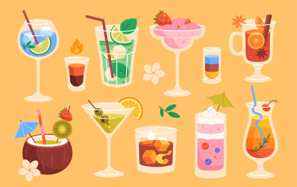 Set of delicious cocktails Set of delicious cocktails. Refreshing fruit drinks in glasses. Alcoholic beverages, martini, tequila, scotch. Design element for bar menu. Cartoon flat vector collection isolated on yellow background cocktail stock illustrations