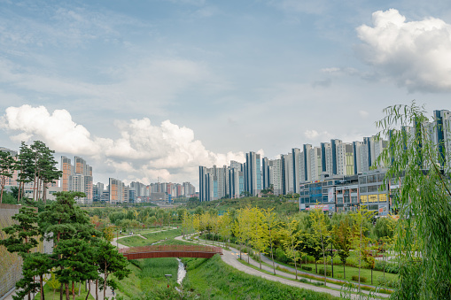 Hwaseong, Korea - September 12, 2022 : Panoramic view of Dongtan New Town and Dongtan Lake Park