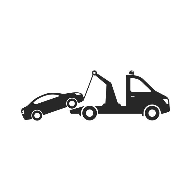 illustrazioni stock, clip art, cartoni animati e icone di tendenza di carro attrezzi, auto traino vettoriale isolato icona su sfondo bianco - car motor vehicle towing repairing