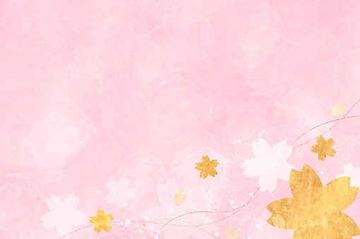 Cute pink Japanese style background for spring. Cherry blossom flower pattern and golden confetti. Natural template with text space. Japanese paper style texture