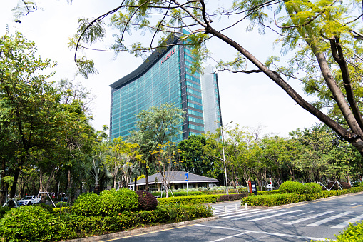 Shenzhen, China - October 29, 2021 - Skyscraper of the R&D building of Huawei Headquarters in Longgang District of Shenzhen city, Guangdong Province, China. A multinational networking and telecommunications equipment and services company.