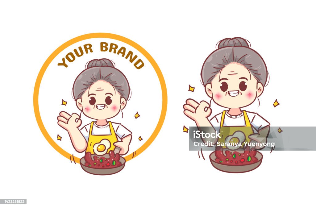 Cute Grandma Or Woman Chef Cooking Restaurant Food Logo Hand Drawn Cartoon  Illustration Stock Illustration - Download Image Now - iStock