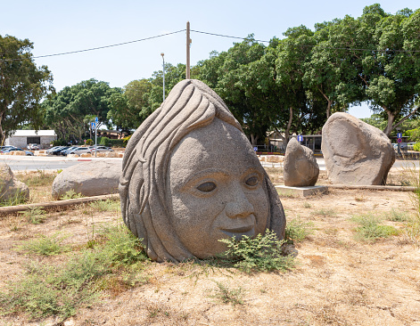 Haifa, Israel, August 20, 2022 : Stone exhibit in the Dagan Shklovsky Sculpture Park - Psalm Garden, in Ein Carmel, northern Israel