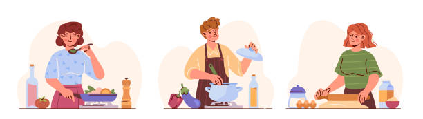 ilustrações de stock, clip art, desenhos animados e ícones de set of people cooking at home - characters cooking chef bakery