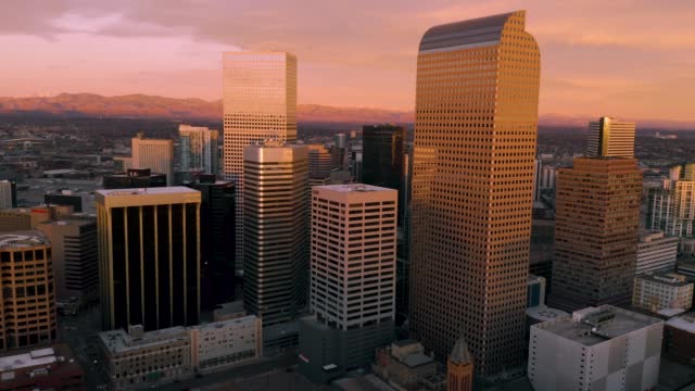 4k aerial drone footage - Sunrise over the city of Denver Colorado.