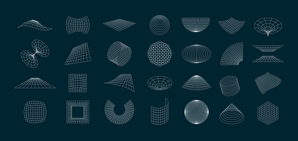 Abstract grid set. Futuristic geometric pack of perspective tunnels portals gravity construction, retrofuturistic punk 3D wireframe elements. Vector collection. Abstract shapes, wavy structure