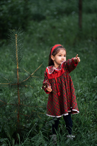 Little girl in a red retro dress standing next to the Christmas tree.