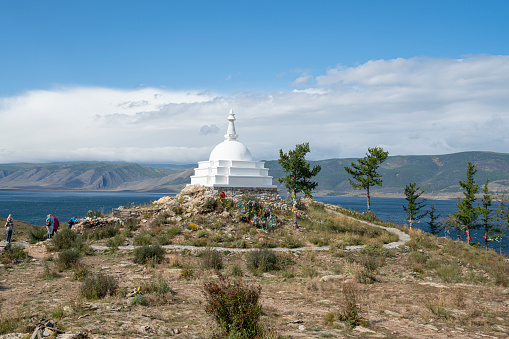 Olhon island, Baikal lake, Russia - September 14 2019: Buddhist Stupa at Ogoy island on Baikal lake. Ogoy. High quality photo