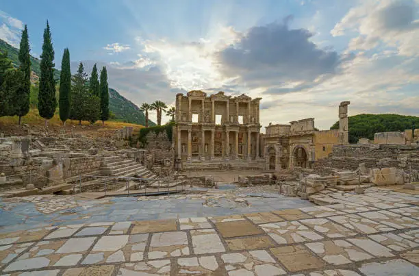 Celcus Library in Ephesus at sunset, Wide angle view