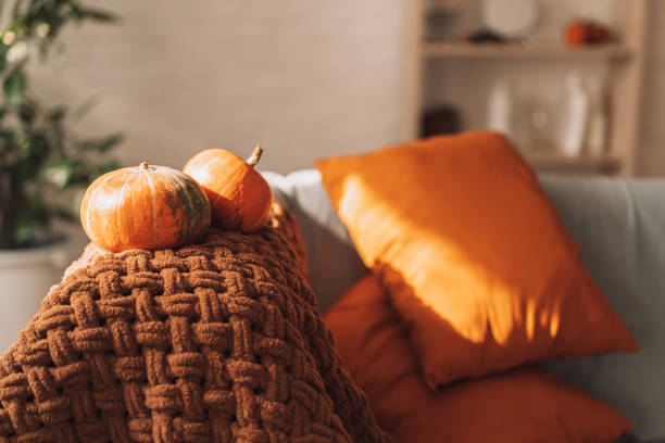 istock Orange pillows and pumpkins on a gray sofa 1423256709