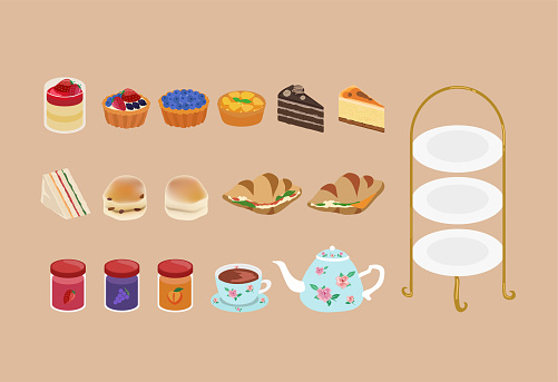 Afternoon tea set with lots of cakes, Croissant, pudding, fruit pie and  sandwich. Cafe menu, Tea time elements. Tea Party Invitation, feast engagement, poster. Flat concept background.
