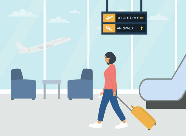 空港でスーツケースを持って歩く若い女性 - arrival sign entrance hall corridor点のイラスト素材／クリップアート素材／マンガ素材／アイコン素材