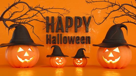 3d render, Happy Halloween Background with Pumpkins. Orange color background.