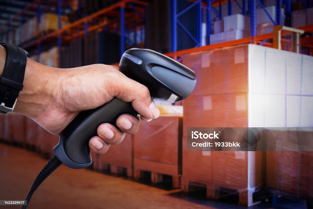 Workers Scanning Bar Code Scanner With Cargo Boxes Shipping Supplies ...