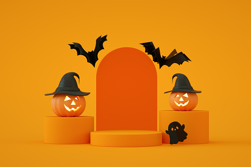 Pumpkins for Halloween and empty product podium, orange color background