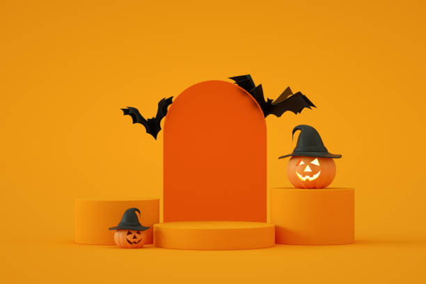 istock Pumpkins for Halloween and empty product podium, orange color background 1423259739