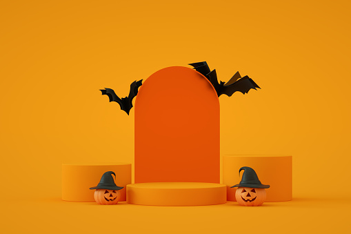 Pumpkins for Halloween and empty product podium, orange color background