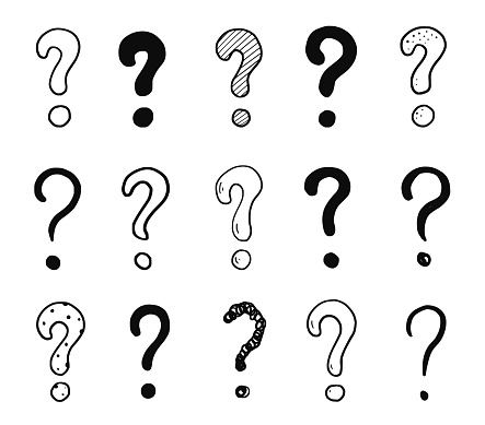 Doodle question sign mark set. Hand drawn sketch style ask sign, question mark. Isolated vector illustration.
