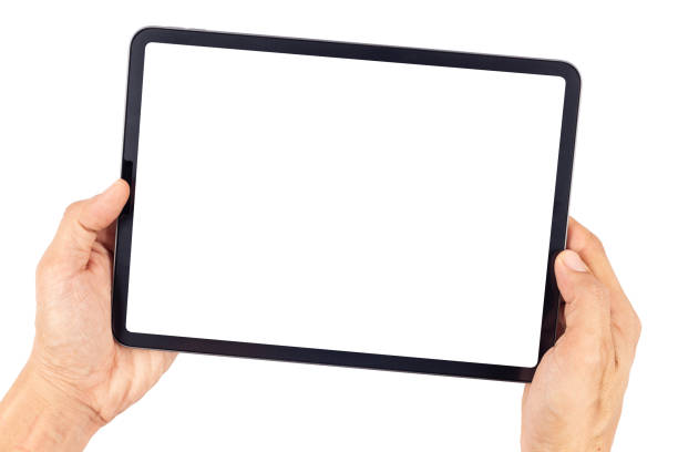 Hand man holding tablet with mockup blank screen isolated on white background with clipping path