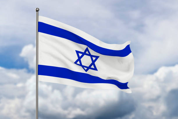 istock Israel flag on sky background. 3D illustration 1423263038