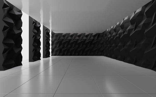 istock Empty space with black polygonal abstract walls and columns and white ceiling and floor 1423265392