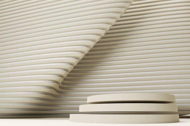istock Abstract background striped geometric waveform wall with podium at foreground. 3d render 1423265422