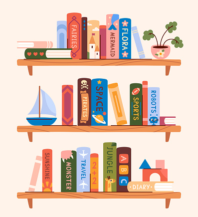 Bookshelves with books for children. Educational library with literature for preschoolers and kids. Reading and studying. Fairy Tales, Encyclopedias and Dictionary. Cartoon flat vector illustration
