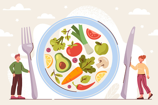 Healthy nutrition concept. Plate with fresh raw vegetables and fruits. Delicious and healthy diet with vitamins and minerals. Products or ingredients for meals. Cartoon flat vector illustration