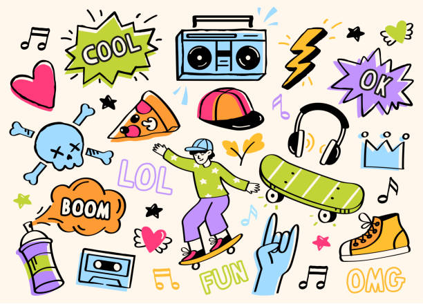 Skateboarding sticker set Skateboarding sticker set. Hand drawn icons with skater, lightning, heart, spray paint can, headphones and cap. Elements for social network. Cartoon flat vector collection isolated on beige background kid stickers stock illustrations