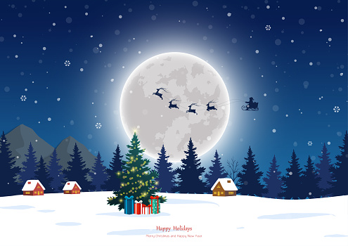 Merry Christmas and Happy new year greeting card with Santa Claus and full moon on winter night,vector illustration