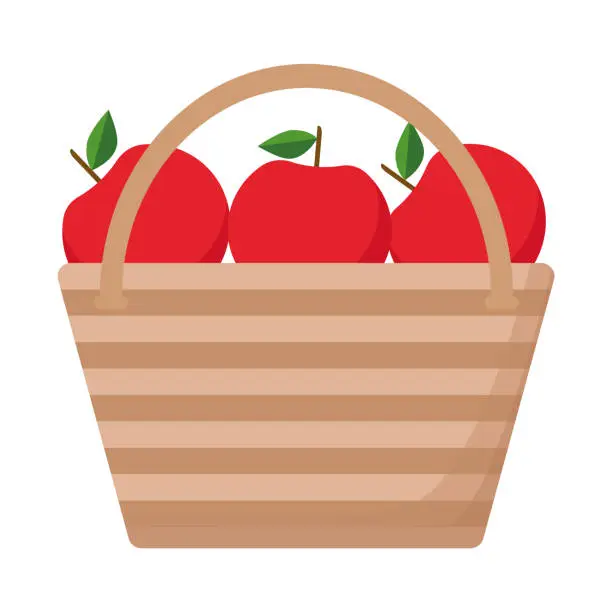 Vector illustration of Striped basket with red apples, vector illustration.