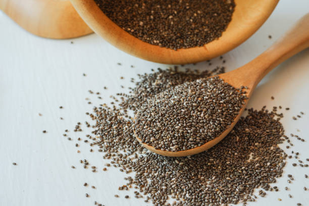 istock Chia seeds stack and spoon with wooden bowl on white background. 1423271396