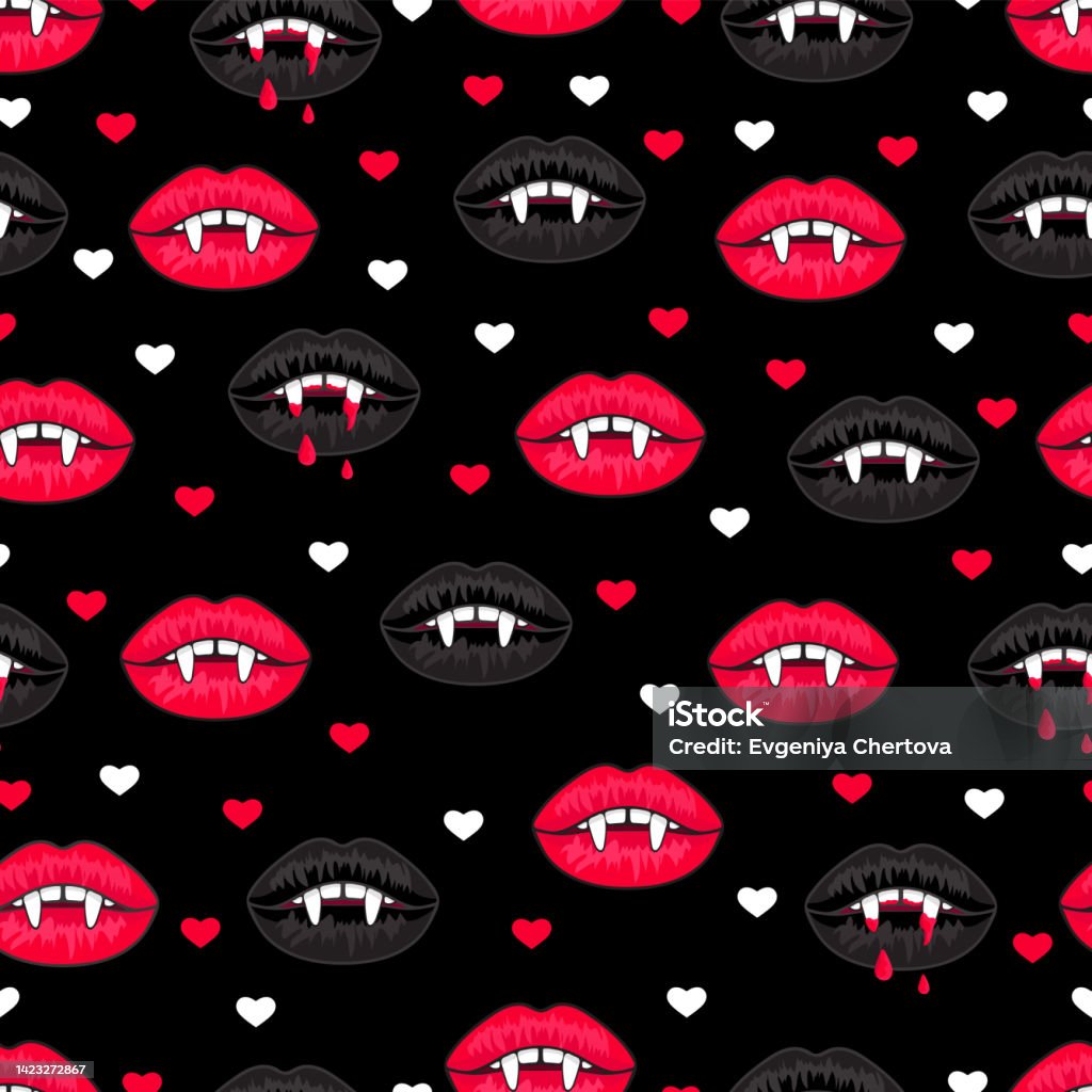 Abstract Fangs Lips With Long Vampire Fangs Halloween Seamless Pattern Hand Drawn ...