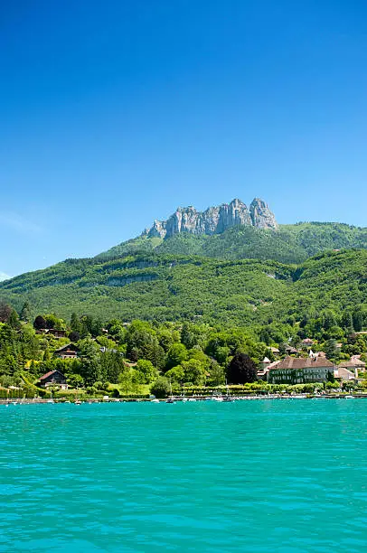 Vie from lake annecy to mountain pic in French Alps in Haote Savoie region