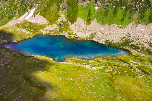Aerial View of Lake in Mountains